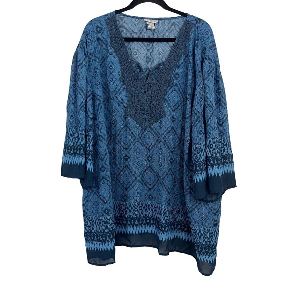 Catherines Blue Ikat Print Boho Top Crochet Bib V-Neck Flowy - Size‎ 3X